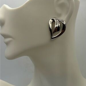 Vintage Silver-Tone Ribbon Heart Stud Earrings